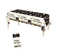 Nappe Nouvel An, Déco Table Nouvel An Décoration de table 2026 Happy New Year Nappes Noir Or Jetable Tablecloth Nouvelle Année Party Decorations Plastique Rectangulaire Table Cover, pour fête du