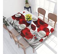 Nappe rectangulaire 122 x 76 cm pour protection de table de salle à manger de 1,2 m - Imprimé coquelicot rouge avec bords élastiques - Nappe de décoration de table sans plis