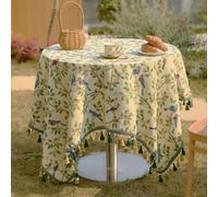 Nappe rectangulaire à motif floral et oiseau avec bords frangés en coton mélangé pour pique-nique, camping, table basse, table de nuit, 140 x 140 cm