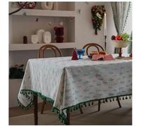 Nappe rectangulaire Blanche 140 x 315 cm, en Lin épais imprimé Sapin de Noël avec Pompons, Lavable et Infroissable, idéale pour Les Repas, Les fêtes et la Maison.