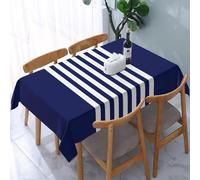 Nappe rectangulaire bleue et blanche sur bleu marine à rayures bleues et blanches sur nappe lavable bleu marine - Housse de table rectangulaire décorative pour fête de vacances, banquet, événement, dî