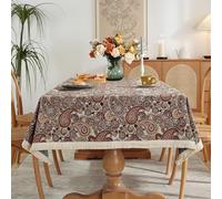 Nappe rectangulaire de style bohème en lin infroissable avec pompons texturés jacquard pour extérieur, pique-nique, jardin, fêtes, cafés, cuisine intérieure