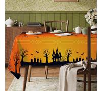 Nappe rectangulaire en polyester réutilisable et lavable, motif maison hantée, chauves-souris effrayantes, chauves-souris effrayantes, pierres tombales d'Halloween, orange, 140 x 218 cm