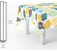 Nappe rectangulaire en toile cirée avec des feuilles colorées. PVC imperméable et anti-salissures 140 cm. x 20 mètres. Rouleau découpable. Intérieur et extérieur