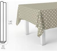 Nappe rectangulaire en toile cirée beige à pois. PVC imperméable et anti-salissures 140 cm. x 20 mètres. Rouleau découpable. Intérieur et extérieur