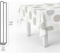 Nappe rectangulaire en toile cirée beige avec des cercles. PVC imperméable et anti-salissures 140 cm. x 20 mètres. Rouleau découpable. Intérieur et extérieur