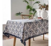 Nappe rectangulaire imprimée rose bleue en coton mélangé avec bord en dentelle 152 x 259 cm, housse de style campagnard pour table à manger et décoration d'intérieur, motif élégant de vigne bleue