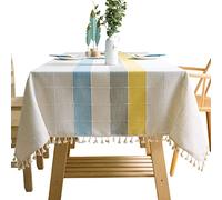 Nappe rectangulaire infroissable 100 % coton lavable et réutilisable. Jaune gris-bleu 140 x 240 cm