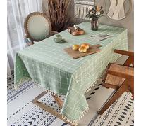 Nappe rectangulaire lavable à carreaux brodée en mélange de coton et lin avec pompons - Style rustique - Pour pique-nique, cuisine, salle à manger - 120 x 120 cm - Vert foncé