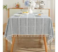 Nappe rectangulaire rayée grise 100 x 160 cm avec pompons - Design moderne en polyester - Facile d'entretien - Pour salle à manger et jardin - Élégante décoration de table