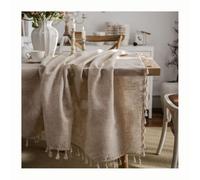 Nappe rectangulaire rustique avec pompons - Nappe ronde vintage en polyester et lin pour cuisine et salle à manger - 140 x 260 cm