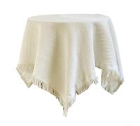 Nappe ronde 130 cm en lin et coton mélangé lavable infroissable avec pompons brodés pour table à manger, pique-nique, café et décoration d'intérieur (couleur crème)