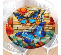 Nappe ronde à papillons avec bord élastique, résistante à l'eau, motif papillons bleus colorés façon vitrail, pour table de 122 à 132 cm (48 à 52 pouces), idéale pour le printemps et l'été, pour dîner