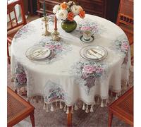 Nappe ronde à pompons, nappe rétro européenne à pompons, tissu chenille, fleurs brodées, décoration élégante, idéale pour les salles à manger, les fêtes et les réunions de fin d'année I 260cm/102.4in