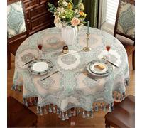 Nappe ronde à pompons, nappe rétro européenne à pompons, tissu chenille, fleurs brodées, décoration élégante, idéale pour les salles à manger, les fêtes et les réunions de fin d'année B 260cm/102.4in