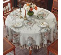 Nappe ronde à pompons, nappe rétro européenne à pompons, tissu chenille, fleurs brodées, décoration élégante, idéale pour les salles à manger, les fêtes et les réunions de fin d'année G 260cm/102.4in