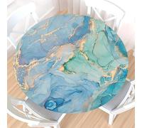 Nappe ronde ajustée effet marbre turquoise avec bord élastique, résistante à l'eau, idéale pour les pique-niques, les tables de 112 à 122 cm (44 à 48 pouces). Motif abstrait luxueux pour dîners en ext