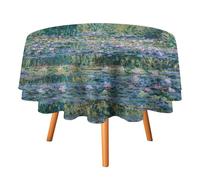 Nappe ronde aquarelle moderne style Monet 60 pouces pour table de cuisine, table à manger, peinture à l'huile rustique, jardin printanier, pont, fleur de lotus, nappe pour nappes rondes de vacances