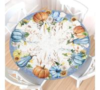 Nappe ronde automnale ajustée avec bord élastique, résistante à l'eau, motif citrouille bleue, idéale pour les pique-niques, les récoltes d'automne et Thanksgiving. Convient pour les tables de 122 à 1