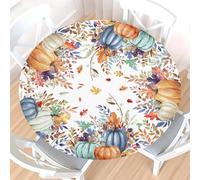 Nappe ronde automnale avec bord élastique, imperméable, motif feuilles d'automne bleues et oranges et citrouilles, pour table de 122 à 132 cm (48 à 52 pouces), idéale pour un repas de Thanksgiving en