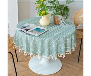 Nappe ronde brodée, mini nappe en dentelle florale, nappe de table de campagne américaine douce avec pompons pour cuisine, table à manger, table basse, table d'appoint, 140 cm (bleu), 99999