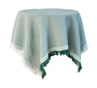 Nappe ronde de 130 cm en lin et coton mélangé avec pompons élégants, parfaite pour les dîners de famille et les réunions (vert foncé)