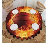 Nappe ronde de 152,4 cm avec bord en dentelle en polyester lavable | Nappe imprimée de basket-ball sur le feu pour salle à manger, cuisine, fête, extérieur, terrasse