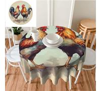 Nappe ronde de 152,4 x 152,4 cm - Motif coq et poule - Imperméable - Résistante - Infroissable - Lavable - Pour cuisine, camping, pique-nique