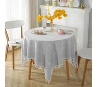 Nappe ronde de 260 cm de diamètre en polyester lavable, lignes brodées avec pompons, convient pour 6 à 8 personnes, décoration de salle à manger élégante pour la maison et le restaurant