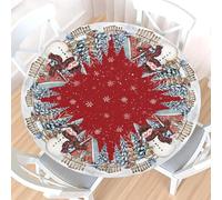 Nappe ronde de Noël extensible avec bord élastique, résistante à l'eau et facile à nettoyer, motif bonhomme de neige, flocons de neige et sapins bleus, pour table de 122 à 132 cm (48 à 52 pouces), idé