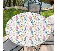 Nappe Ronde d'extérieur avec élastique 60in(150cm) - Nappe de Jardin élastique Motif Fleurs Roses Convient aux Tables de 135 à 145 cm de Large