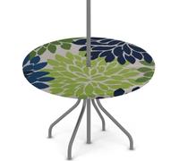 Nappe ronde d'extérieur avec trou de parasol et fermeture éclair, nappe ajustée avec élastique, imperméable et facile à nettoyer, pour tables de 91,4 à 111,8 cm, vert clair et bleu marine