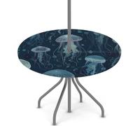 Nappe ronde d'extérieur avec trou de parasol et fermeture éclair, nappe ajustée avec élastique, imperméable et facile à nettoyer, pour tables de 91,4 à 111,8 cm, bleu océan