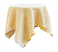 Nappe ronde en lin et coton mélangé, facile d'entretien et infroissable, accentuée par des pompons élégants (jaune)