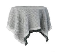 Nappe ronde lavable en lin et coton mélangé avec pompons décoratifs, parfaite pour les réunions de famille et une utilisation en extérieur (Noir)