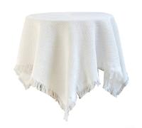 Nappe ronde lavable en lin et coton mélangé avec pompons décoratifs, parfaite pour les réunions de famille et une utilisation en extérieur (blanc)