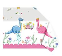 Nappe rose « Happy Birthday » de 130 x 220 cm pour fêtes d'anniversaire de filles, nappe rectangulaire en plastique pour enfants sur le thème des dinosaures, fournitures de fête d'anniversaire