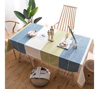 Nappe rustique en coton et lin imperméable en toile de jute pour cuisine, salle à manger, nappe avec pompons, infroissable (blanc, vert bleu, 140 x 240 cm)