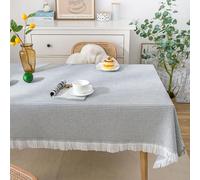 Nappe Salon Tissu, 180x180cm Nappe Carrée, Nappe à Pompons pour Cuisine et Salle à Manger, Gris Blanc-Style5