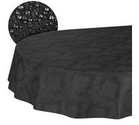 ANRO Nappe Textile en Coton Polyester Lavable - Ornement uni - Tissu Jacquard damassé - Lavable - Style Baroque - Noir - Ovale - 180 x 140 cm - Bord coupé