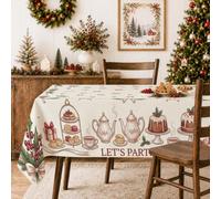 Nappe théière sur le thème de Noël 140 x 218 cm | Illustration aquarelle, nappe de table, thème du thé de l'après-midi, dîner saisonnier, réunion de vacances