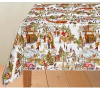 Nappe Toile Cirée de Noël - Tanabru Blanc - Nappe Festive Village de Noël - Imperméable Largeur 140 cm - Roulé sur Un Tube en Carton (sans Plis) (Rectangle 140 x 400 cm)