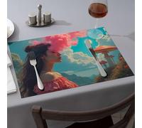 Nappe Une femme dans une robe rose avec des champignons et des nuages surréalistes. Sets de table bleus en silicone pour comptoir de cuisine (1 pièce)