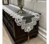 Nappe vintage en dentelle faite à la main avec pompons pour meuble TV, commode, bureau, élégante housse anti-poussière pour salon, cuisine (40 x 100 cm)