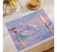 Napperons Coton et Lin, Ensemble de napperons pour Table à Manger, Lot de 8, Napperons Paysage de rêve Montagnes enneigées, mer de Nuages et Nuages Roses pour décor de Tables à Manger,Rose