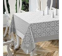 Nappes en coton Grise avec bordure & Gland déco esthétique | Nappe Lavable rectangulaire 140x180 jusqu'a 6 places, Nappe décorative texture douce jacquard original| Nappe vintage style antique damassé