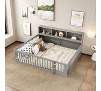 Naptly Montessori Lit de sol en bois solide avec espace de rangement, lit d'enfant sans vacillement avec protection anti-chute et porte, parc sûr, pour bébés et enfants pour jouer et dormir, gris