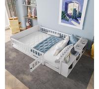 Naptly Montessori Lit de sol en bois solide avec espace de rangement - Lit d'enfant sans vacillement avec protection anti-chute et porte - Parc sûr pour bébés et enfants pour jouer et dormir - Blanc