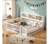 Naptly Montessori Lit de sol en bois solide avec espace de rangement - Lit d'enfant sans vacillement avec protection anti-chute et porte - Parc sûr pour bébés et enfants pour jouer et dormir, blanc