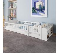 Naptly Montessori Lit de sol en bois solide avec espace de rangement, lit d'enfant sans vacillement avec protection anti-chute et porte, parc sûr, pour bébés et enfants pour jouer et dormir, blanc
